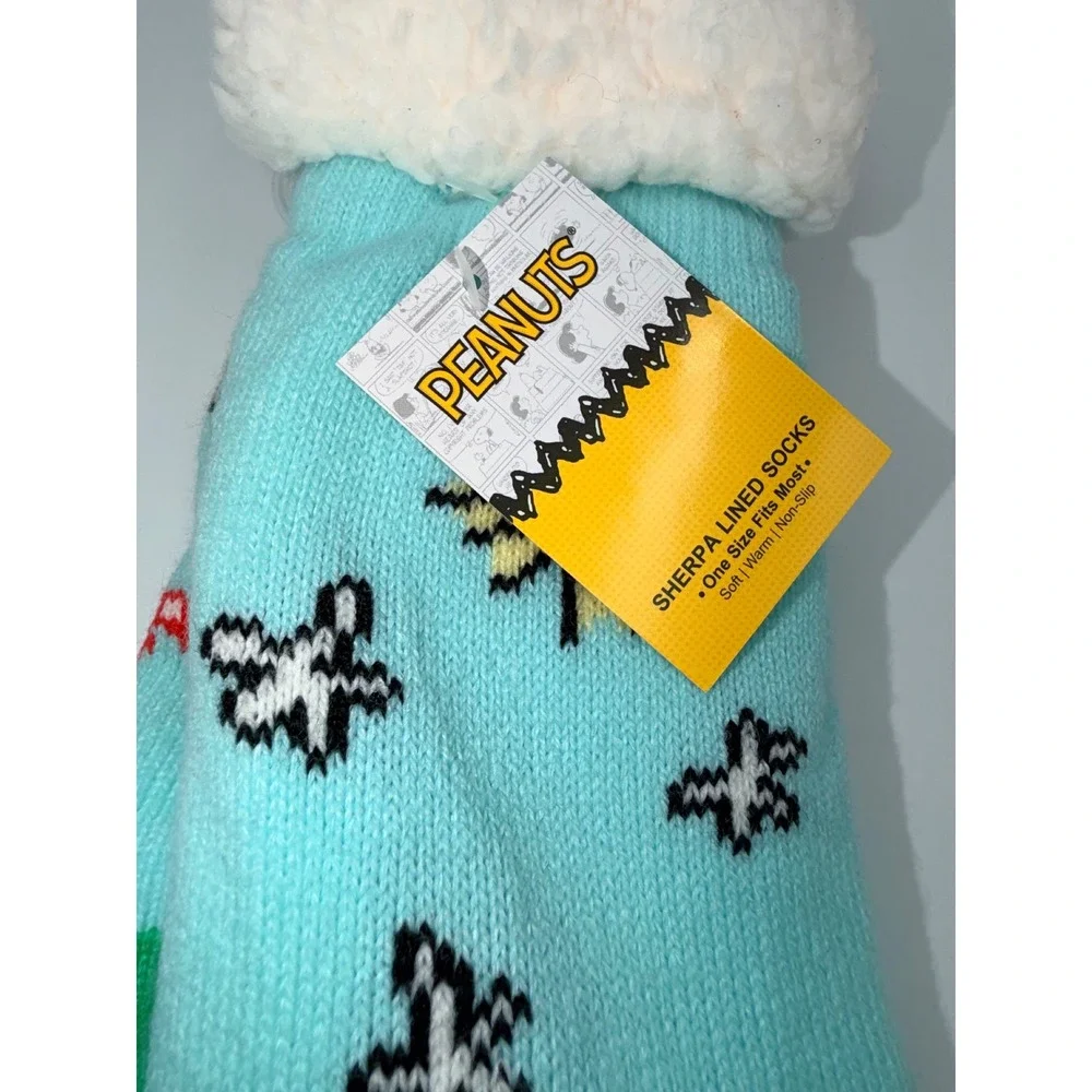 Peanuts Snoopy‎ Sherpa Lined Slipper Socks Light Blue Christmas Non-Slip NWT OS